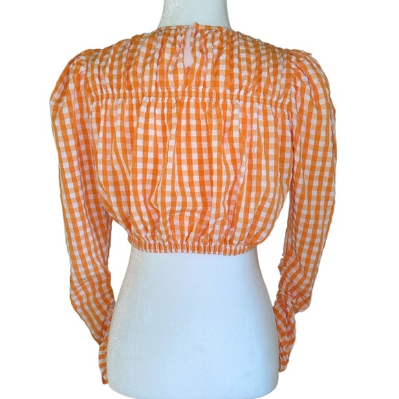 Zara Tops Zara Orange White Gingham Vichy Ruched Sleeve Crop Top S